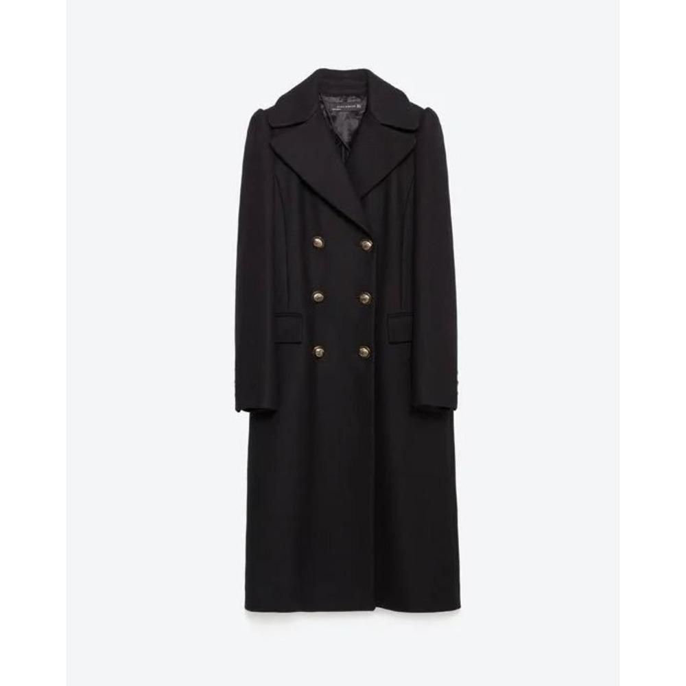 Zara Woman Double Breasted Wool Blend Black Military Style Trench Coat XS